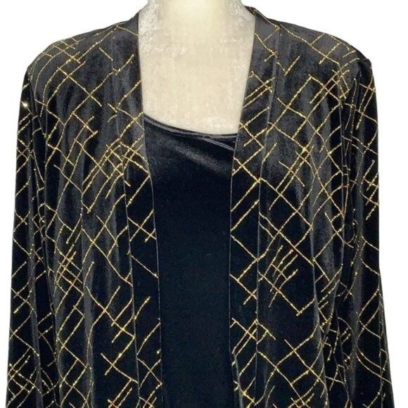 Notations Layered Look Cardigan Top L Black Velvet Gold Removable Jewelry Belt - Picture 2 of 6
